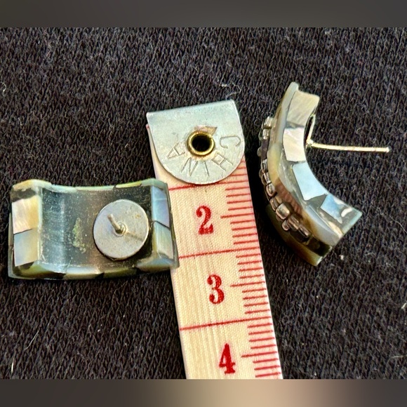 Semi-Circle Block Mother of Pearl | Abalone Inlay Pierced Earrings w Bead Accent - Picture 5 of 7